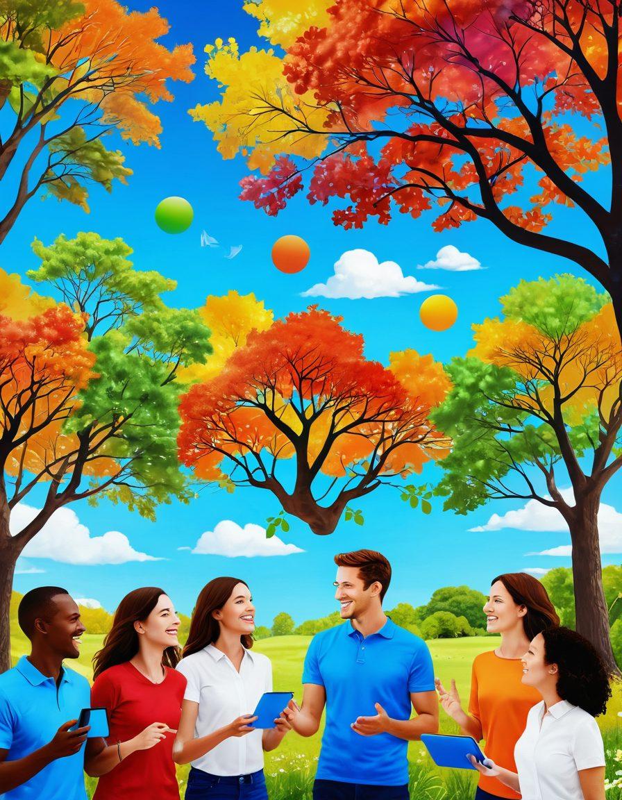A whimsical landscape depicting a diverse group of people engaging with vibrant digital interfaces that radiate joy and connection. Include elements like smiling faces, interactive screens, and uplifting nature, symbolizing the transformation in customer experience. The background features a bright blue sky and colorful trees, representing a joyful internet journey. super-realistic. vibrant colors. white background.