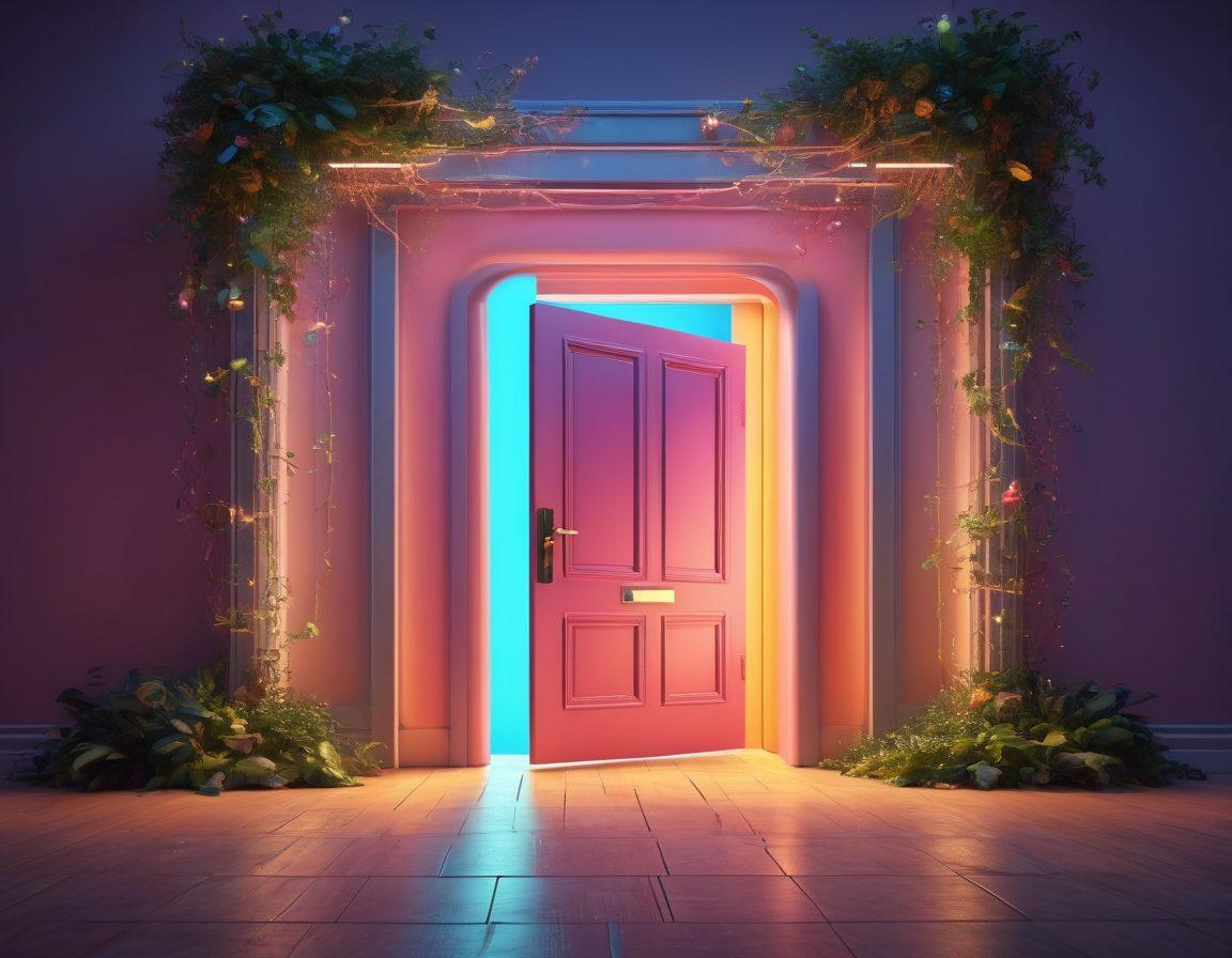 A captivating digital landscape featuring a key unlocking a vibrant, glowing door that leads to a realm of lively online interactions. Surround the door with abstract representations of innovative digital tools like apps and gadgets, symbolizing transformation and joy. Include a diverse group of people engaging joyfully with technology in this bright, inviting environment. Add elements of connectivity like circuits and light trails to enhance the feeling of digital innovation. super-realistic. vibrant colors. 3D.