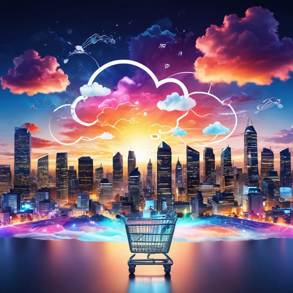 A vibrant digital landscape showcasing an e-commerce platform transitioning into a cloud solution. Illustrate a joyous figure interacting with floating icons representing shopping carts, cloud storage, and data analytics, surrounded by swirling colors and light beams symbolizing innovation. The background should blend futuristic cityscapes with ethereal clouds, creating a sense of ecstasy in the digital realm. super-realistic. vibrant colors. 3D.